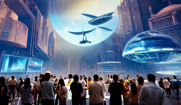 Image similar to crowd of people in large open museum, looking at hologram of futuristic city on a table, cinematic concept art, godrays, golden hour, natural sunlight, 4 k, clear details, tabletop model buildings, center model buildings, hologram center, crane shot, crane shot, crane shot