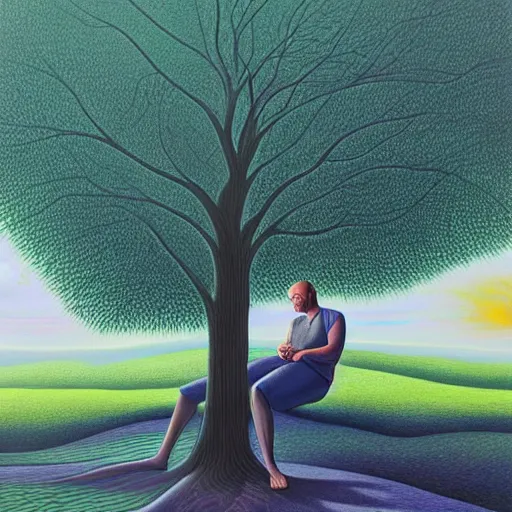 Image similar to painting of a peaceful man relaxing under a tree by alex grey, acrylic art, calm, soothing, cosy, elegant, soft light, psychedelic