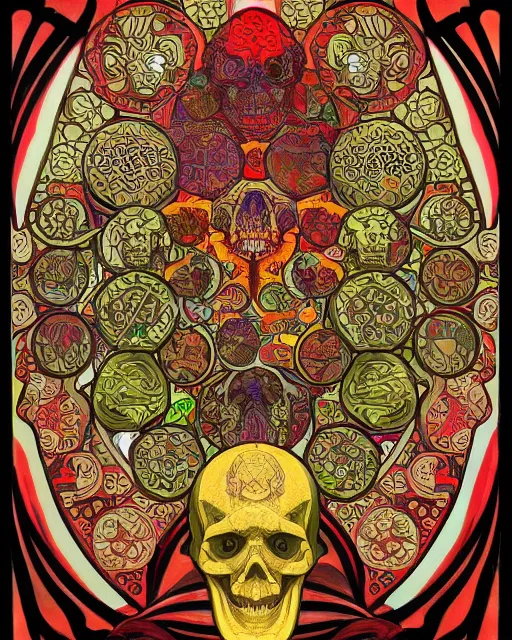 Image similar to skull carving art surrounded by varities of superhot chili peppers, cell shading, voronoi, fibonacci sequence, sacred geometry by Alphonse Mucha, Moebius, hiroshi yoshida, Art Nouveau, colorful, ultradetailed, vivid colour, 3d