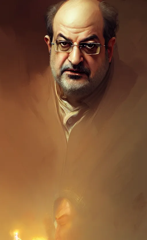 Image similar to portrait of salman rushdie, deep focus, d & d, fantasy, intricate, elegant, highly detailed, digital painting, artstation, concept art, matte, sharp focus, illustration, art by artgerm and greg rutkowski and alphonse mucha