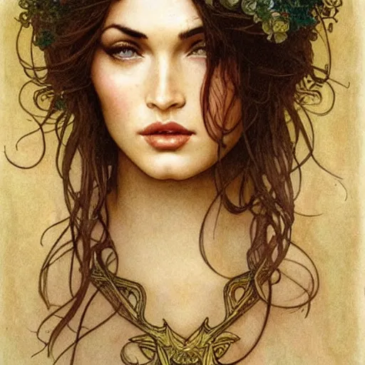 Image similar to Megan Fox, Alfons Maria Mucha