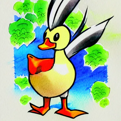 Prompt: duck anime illustration watercolors, style of ken sugimori