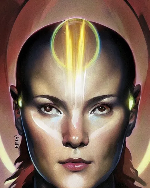 Image similar to a bald serbian!!! young woman as a star trek captain, a still from star trek painted by artgerm and greg rutkowski and alphonse mucha. clear highly detailed face, beautiful sci fi art