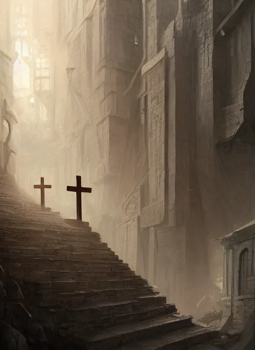 Image similar to painting of a stairway leading to two crosses, concept art by mathias kollros, cgsociety contest winner, fantasy art, concept art, matte drawing, matte painting