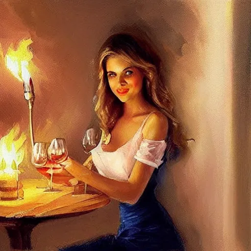 Image similar to wine cellar full of food, torches on the wall, schnapps!, romantic, inviting, cozy, blonde! woman, painting Vladimir Volegov