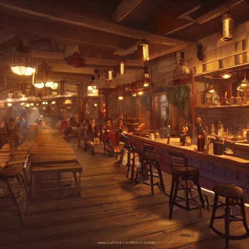 Prompt: Matte painting of a busy tavern, volumetric lighting, high details, 4k, photo realistic