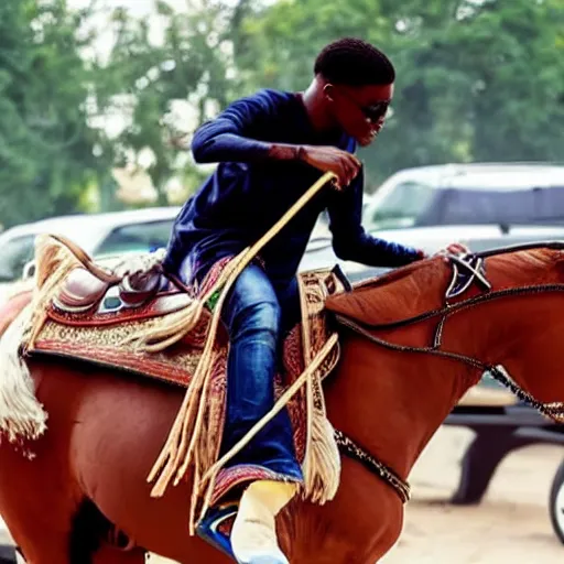 Prompt: wizkid riding a horse.