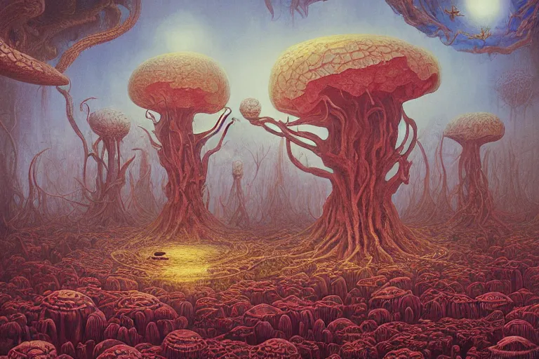 Prompt: analogue film photo of surreal dmt realm mindscape with large musrooms and world vein trees, tryphobia vintage 1960 artwork, realistic, found footage, highly detailed, by Peter Mohrbacher and Donato Giancola and Igor Kieryluk and Bruce Pennington and moebius and Roger Dean and Pablo olivera and Stanisław Lem and Paul Lehr and Ed Emshwiller