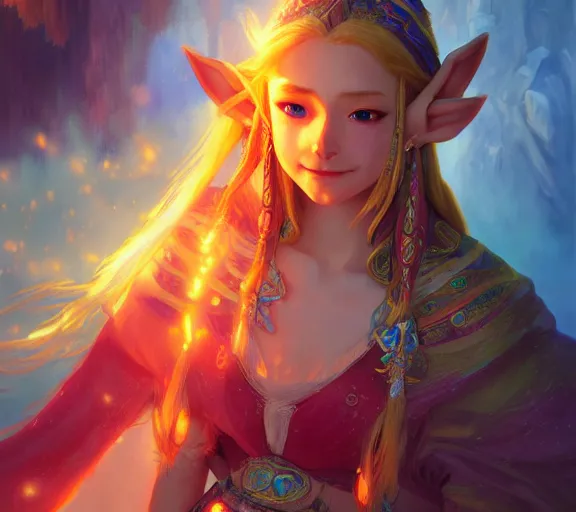 Image similar to beautiful zelda, fire in eye, snow glow, pool party, highly detailed, digital painting, artstation, sharp focus, illustration, art by tan zi and ayanamikodon and alphonse mucha and wlop