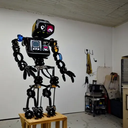 Image similar to a humanoid bipedal robot made of spare parts and household materials in a workshop, garage or closet