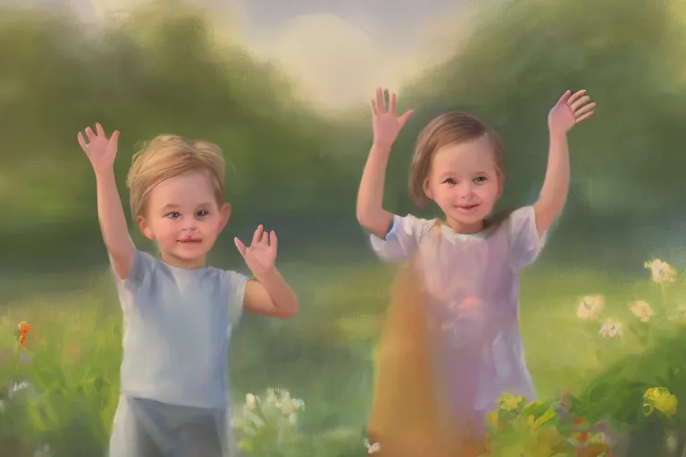 Image similar to portrait painting of cute little kids waving their hands, full body framing, dreamy matte colors, from a dreamy garden by the lake, night time, photorealistic faces and skin tones, volumetric lighting, smooth, trending on artstation, moonlit backdrop, 4 k