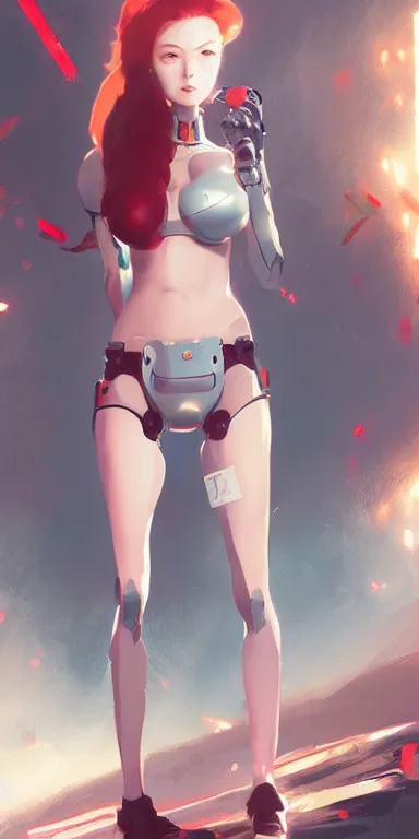 Image similar to concept art of young cute redhead cyborg robot woman with curvaceous body wearing shorts and bikini illustration illustration concept art anime by wlop and greg rutkowski and studio ghibli and kyoto animation