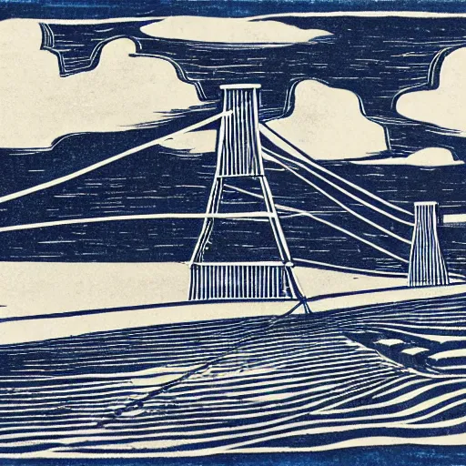 Image similar to small steel suspension bridge built in 1 9 2 8, side view, puffy clouds in background, uap floating in the sky, woodcut style, rubber stamp, 8 k