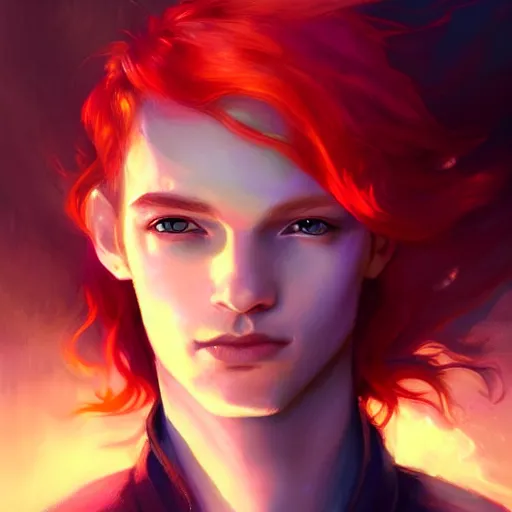 Image similar to colorful and Festive Captivating Fairy boy with red hair portrait, atmospheric lighting, painted, intricate, highly detailed by Charlie Bowater