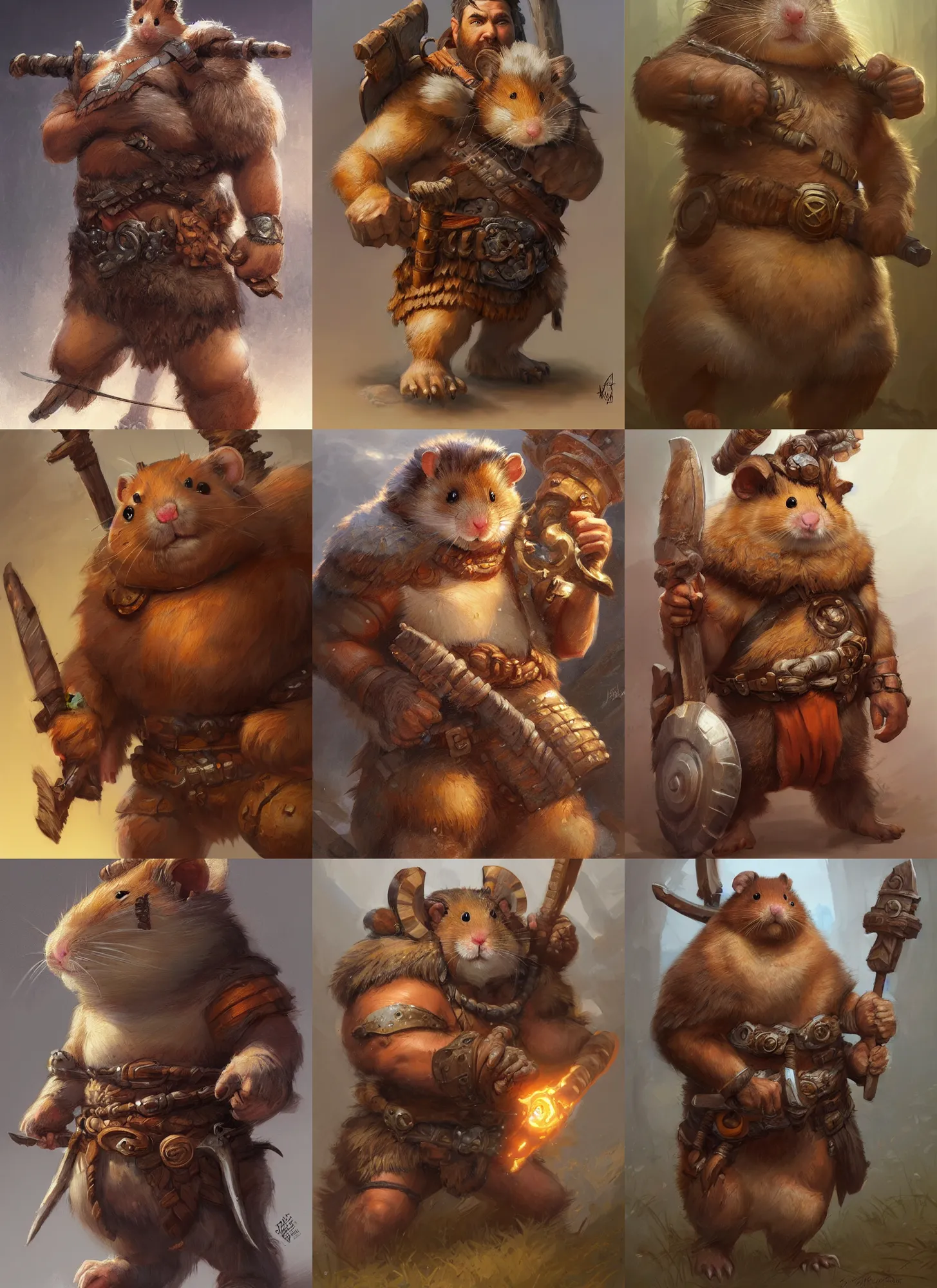 Prompt: a detailed portrait and full body of a barbarian hamster, by justin gerard and greg rutkowski, digital art, realistic painting, dnd, character design, donato giancola and greg rutkowski, realistic face, digital art, trending on artstation