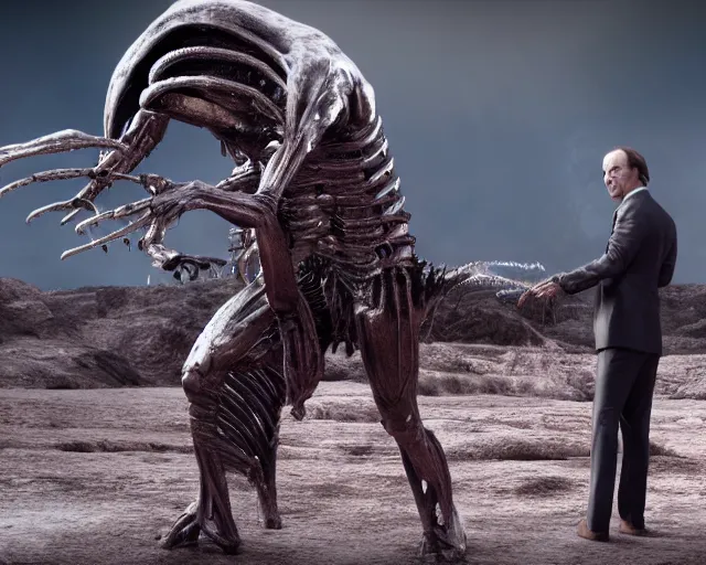 Image similar to film still saul goodman defending himself against an alien. illustration, unreal engine 5, 8 k, directed by h. r. giger.