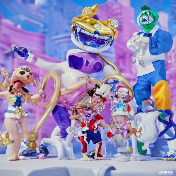 Image similar to jeff koons hip hop bauhaus style street sharks sailor moon wearing diamond grillz and a ton of bussdown iced gold bling in wallace & gromit strata - cut claymation, ultra realistic, concept art, intricate details, serious, highly detailed, photorealistic, octane render, 8 k, unreal engine, art by artgerm