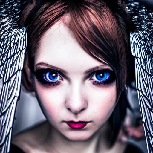 Image similar to prompt, angel, modelsociety, radiant skin, huge anime eyes, steampunk, rtx on, perfect face, intricate, sony a 7 r iv, symmetric balance, polarizing filter, photolab, lightroom, 4 k, dolby vision, photography award