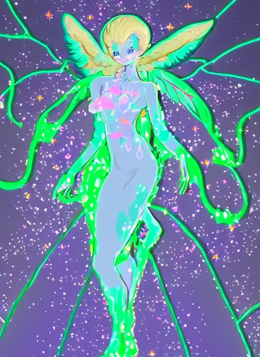 Prompt: a suited angel spirit being, covered with pastel glitter glue slime, fashion model pose, full body maximalist cosmic eldritch character design, early computer graphics