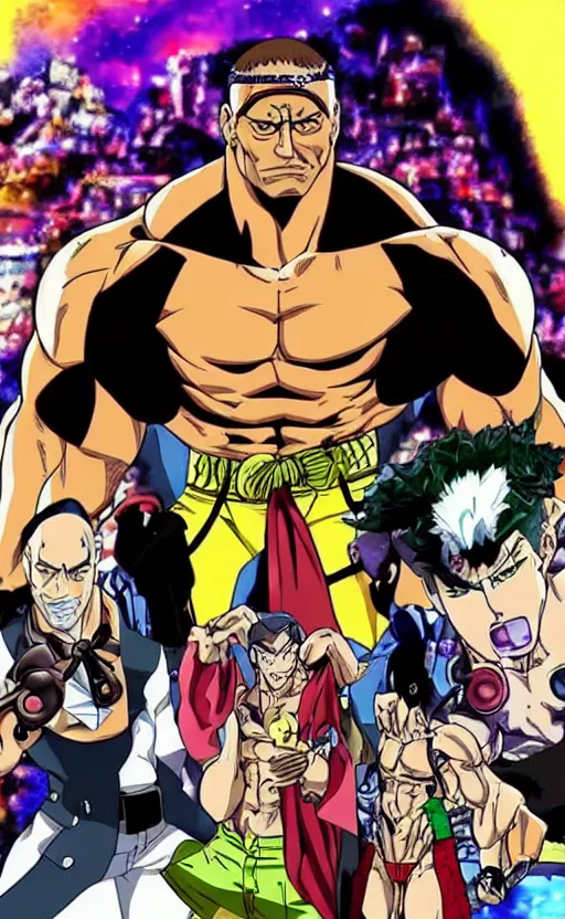 Image similar to Dwayne Johnson in JoJo's bizarre adventure anime style