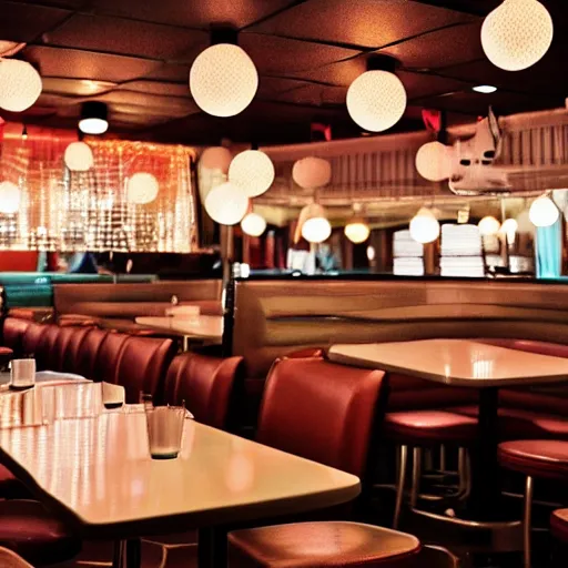 Image similar to inside of a diner with jellyfish lampshades, polka dot tables, cozy lighting, late night, photo