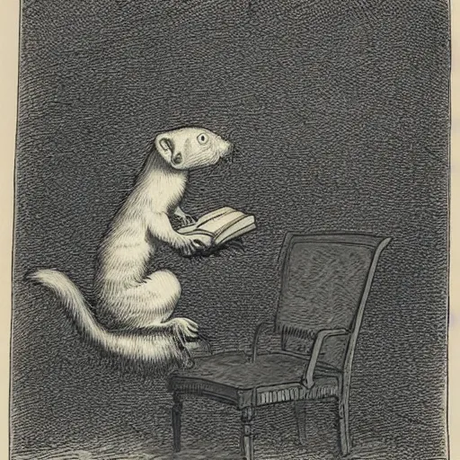 Prompt: ferret wearing clothes, with two left arms, one being also the chair's, eating a book while reading, in the style of gustave dore.