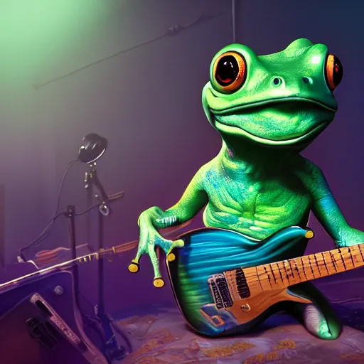 Image similar to a green big frog playing the guitar. intricate, epic lighting, cinematic composition, hyper realistic, 8 k resolution, unreal engine 5, by artgerm, tooth wu, dan mumford, beeple, wlop, rossdraws, james jean, marc simonetti, artstation