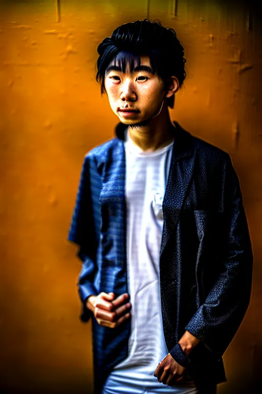 Image similar to photography masterpiece by haruto hoshi, flash photography portrait of young japanese man in kabuki cho, shot on a canon 5 d mark iii with a 3 5 mm lens aperture f / 5. 6, full frame, full res, full color, film grain, dynamic composition, high camera angle, hyper realistic