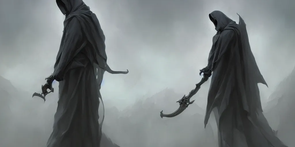 Prompt: the grim reaper, pain, soft grey and blue natural light, intricate, digital painting, artstation, concept art, smooth, sharp focus, illustration, art by greg rutkowski and luis rollo and uang guangjian and gil elvgren, symmetry!