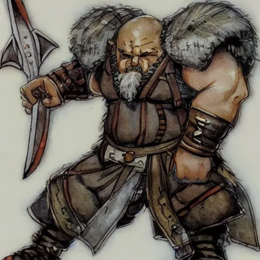 Image similar to Dwarf Barbarian, drawn by Yoji Shinkawa, water color, Dungeons and Dragons, Wizards of the Coast