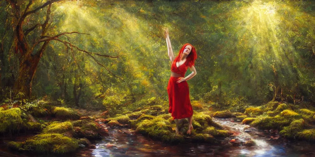 Prompt: A wide angle oil painting of a red haired girl bathing in a forest stream, light rays, expressive