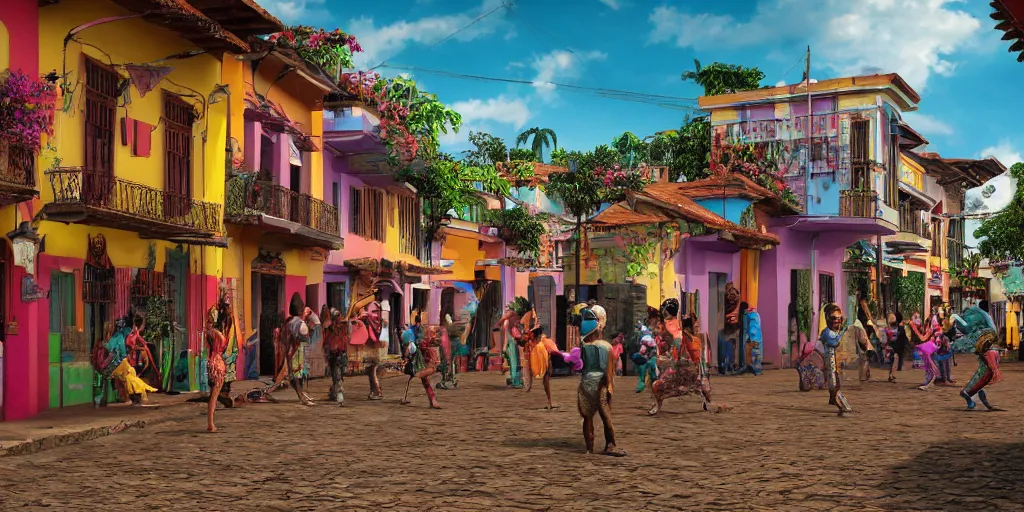Image similar to An epic fantastic realism comic book style painting of the COLOMBIAN colonial town environment with beautiful houses, traditional dance in the street, exquisite bouquets from an colorfull culture, fisheye, unreal 5, DAZ, hyperrealistic, octane render, dynamic lighting