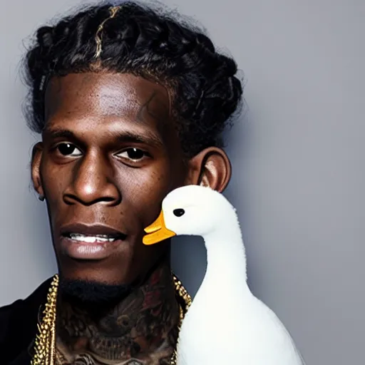 Prompt: young thug, holding a white duck