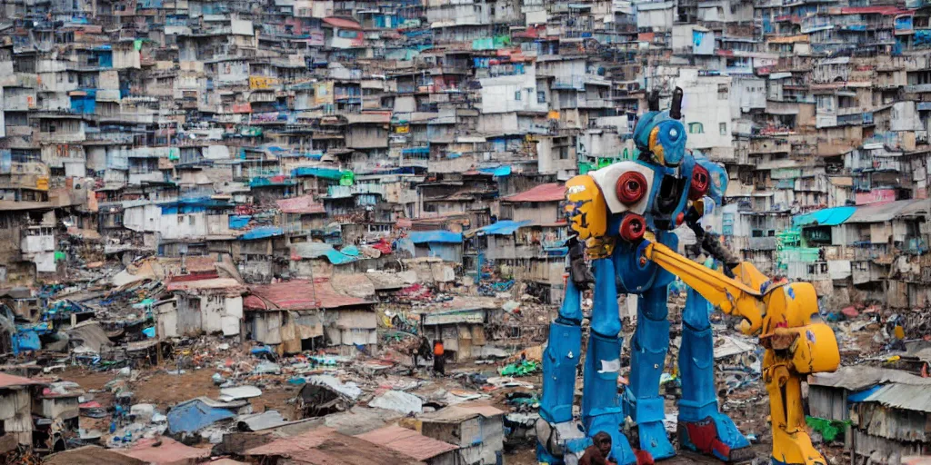 Prompt: giant mecha ROBOT of AJEGUNLE SLUMS of Lagos, writing on robot,