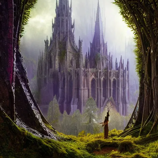 Image similar to a beautiful and highly detailed matte painting of a beautiful elven cathedral in a magical celtic forest, otherworldly trees and plants and flowers, celtic vegetation, epic scale, insanely complex, hyperdetailed, sharp focus, hyperrealism, artstation, cgsociety, 8 k, bright colors, by caspar friedrich, albert bierstadt, james gurney, brian froud,