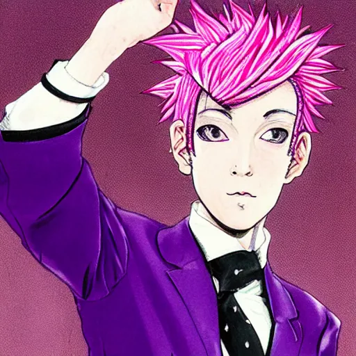 Image similar to boy with eccentric pink hair wearing a purple suit, artwork made by hirohiko araki