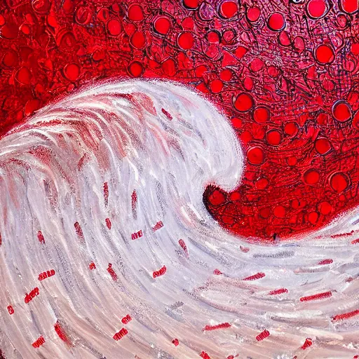 Image similar to beautiful ocean wave, composed of red and white baseballs, oil on canvas, dreamlike