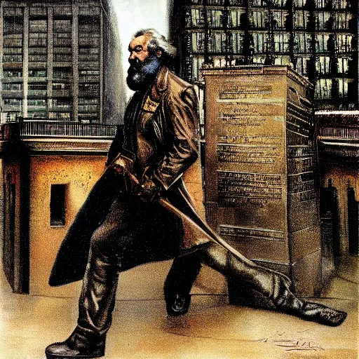 Prompt: warrior pose Karl Marx disguised as a bloodhound detective wearing a tan trenchcoat whilst walking the chicago magnificent mile odd nerdrum jeff easley greg staples john severin brassel hideaki takamura stylus chiaroscuro ms paint