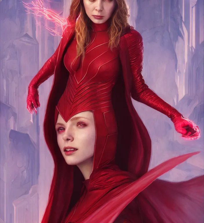 Image similar to Lucifer Morningstar as Scarlet Witch, portrait, full body, hyper detailed, digital art, trending in artstation, cinematic lighting, studio quality, smooth render, unreal engine 5 rendered, octane rendered, art style by klimt and nixeu and ian sprigger and wlop and krenz cushart