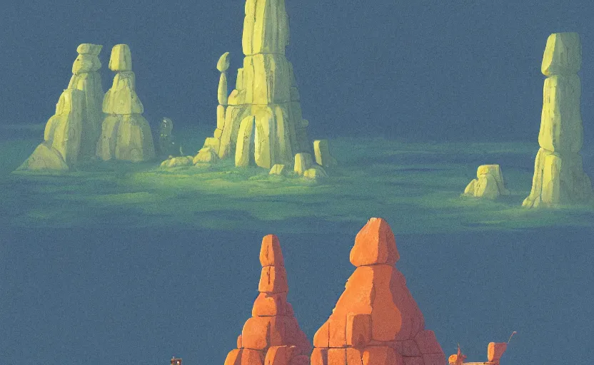 Image similar to a realistic cell - shaded studio ghibli concept art from paprika ( 2 0 0 6 ) of a cubic multi - colored rocketship from close encounters of the third kind ( 1 9 7 7 ) in a flooded monument valley stonehenge jungle jungle on a misty starry night. a camel caravan is in the foreground. very dull colors, portal, hd, 4 k, hq