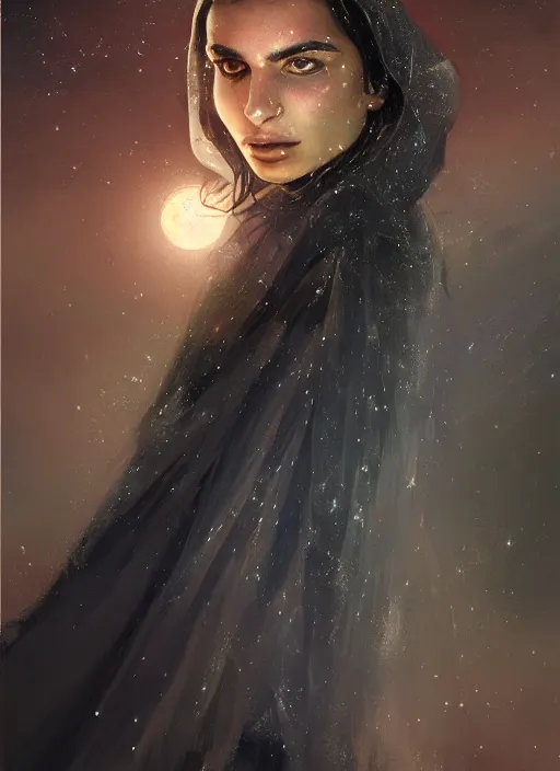 Image similar to detailed portrait of Emily Ratajkowski wearing a cloak over her head, eyes sparkling with starlight a halo of shimmering color around her, the moon in the background, by Jason Jenicke and Jeremy Mann, intricate, beautiful, stylized, detailed, realistic, loose brush strokes, celestial, enduring, captivating, Artstation