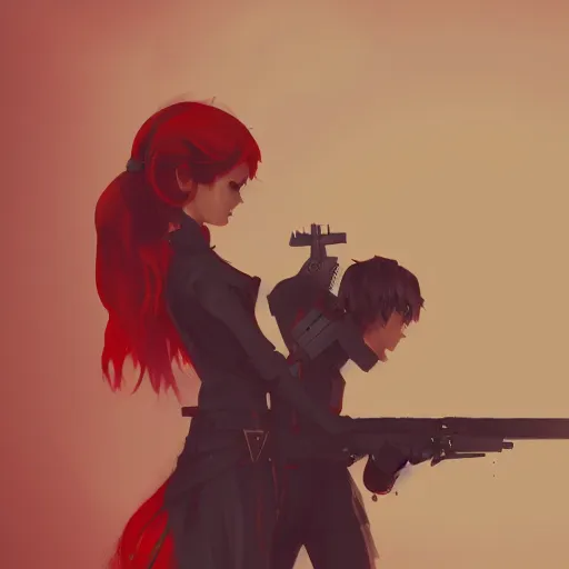 Prompt: a concept art of a boy and a girl with red hair holding a gun, gothic clothes, clean silhouette, highly detailed, digital painting, artstation, concept art, smooth, sharp focus, illustration