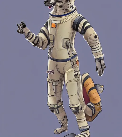 Image similar to full body digital artwork of furry female hyena, in style of zootopia, fursona, furry, furaffinity, deviantart, wearing astronaut outfit, floating in space, detailed face, style of artgerm,
