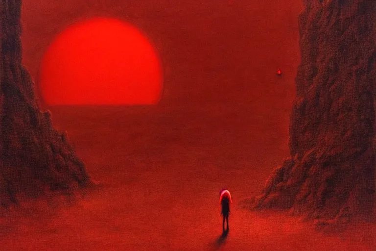 Image similar to only with red, a red shinigami eat apple, a city on mars in background, an ancient path, pathos, in the style of beksinski, part by hopper, part by rodcenko, part by hofbauer, intricate composition, red by caravaggio, insanely quality, highly detailed, masterpiece, red light, artstation