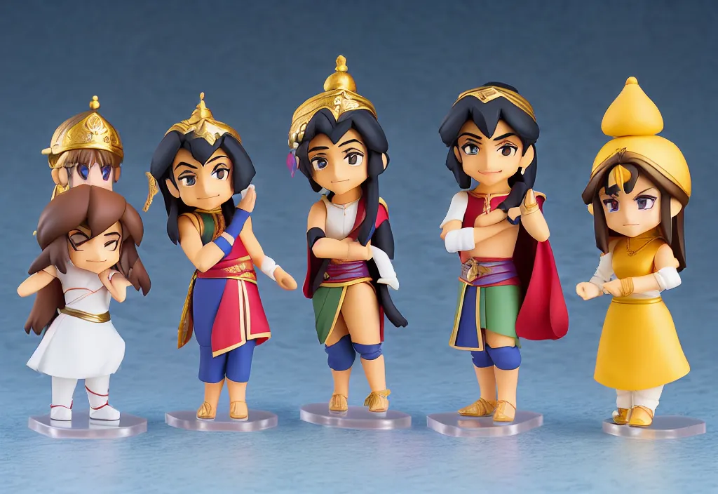 Image similar to side view of young aladdin, jaffar the sorcerer, jasmine the princess, and the genious of the lamp as nendoroid, 8 k hd dof, kodak film,