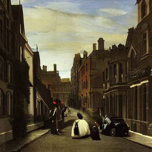 Image similar to a Victorian street in 1840, Mini Cooper S, by Caravaggio