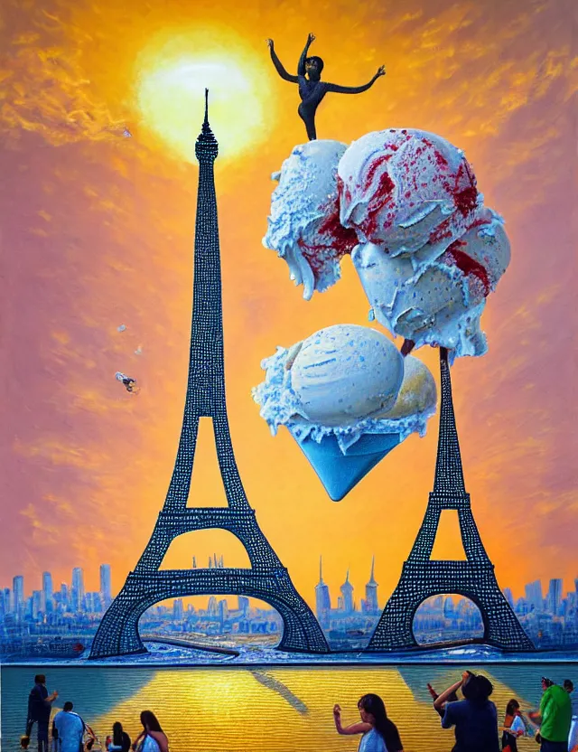 Image similar to a highly detailed and realistic painting of a dancing ice sculture eiffel tower in paris with melting ice cream of the paris skyline on a very sunny bright summer sunset day, very hot and the ice is melting fast and people are swimming in the icecream in the style of james jean and botero