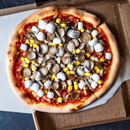 Image similar to A pizza with marshmallows, sardines, and corn as toppings