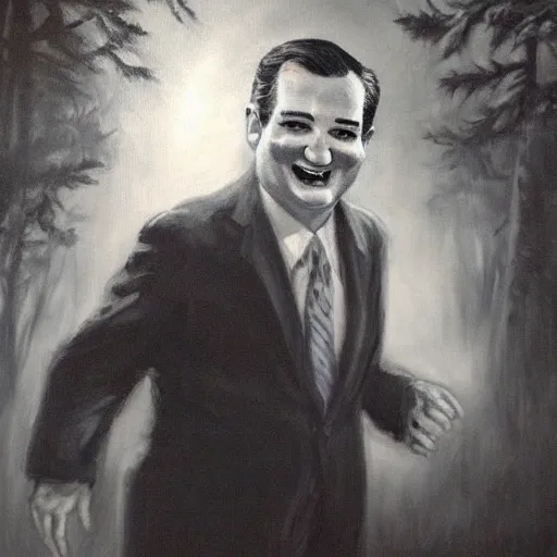 Image similar to Ted Cruz with a wide grin chases you through a dark forest, black and white, creepy lighting, scary, horror, ornate, eerie, fear, oil painting