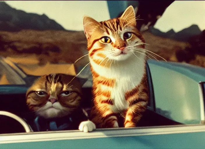 Image similar to A very high resolution image from a new movie, a cat driving a car around, inside of a car , mountains, Polaroid, directed by wes anderson